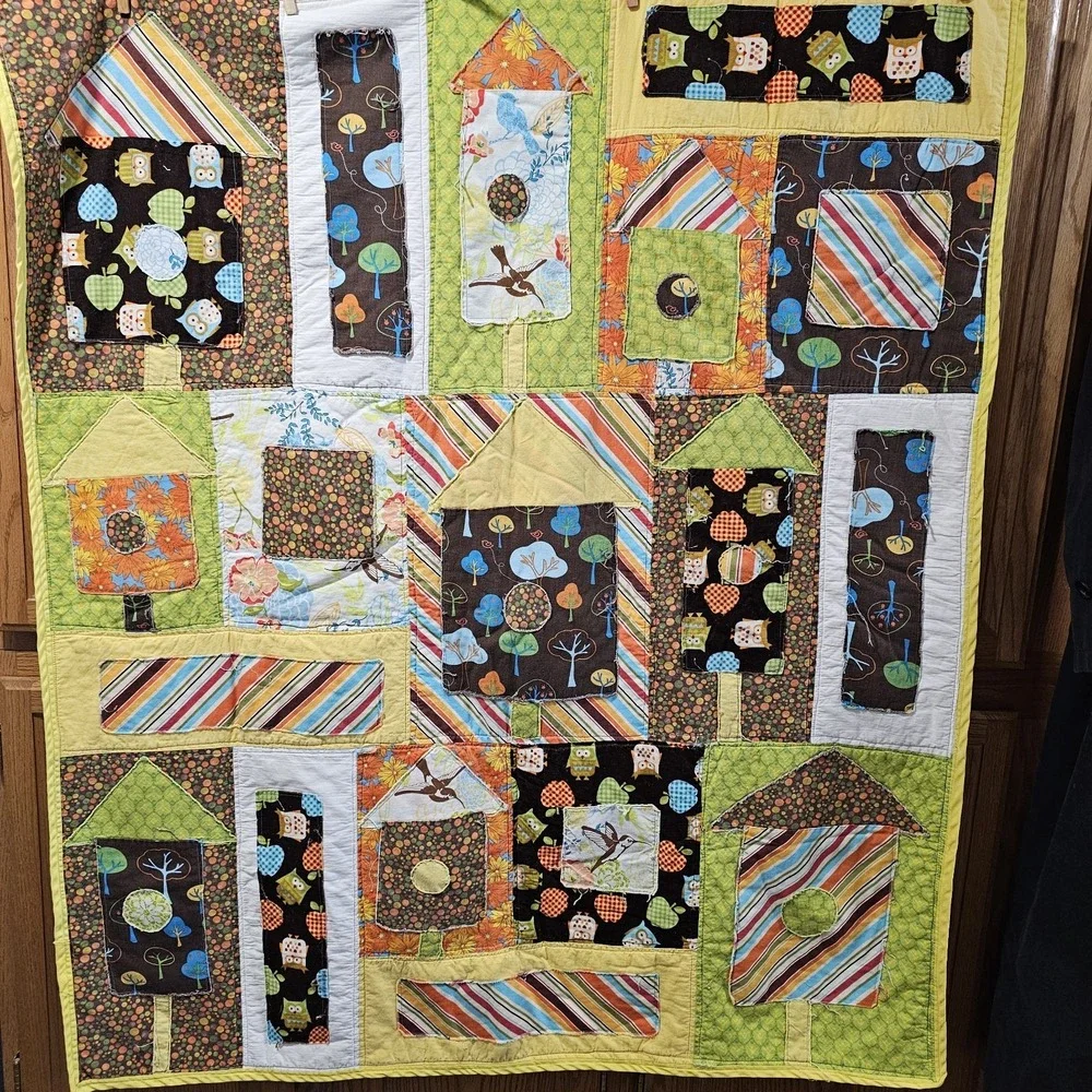 Handmade Baby Quilt Patchwork Owls Flowers Cotton Microfiber Back 48x40 Multi